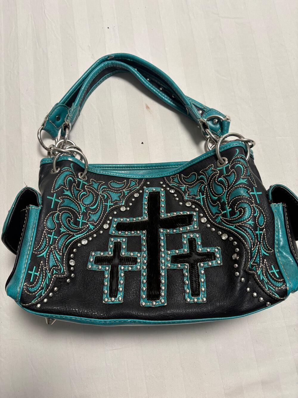 Montana West Western Cross Purse Turquoise Black Studded Rhinestone Shoulder Bag